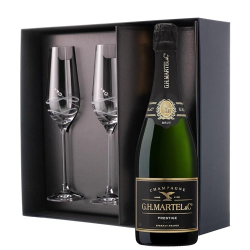 Martel Prestige Brut Champagne 75cl And Flutes In Pine Wooden Gift Box